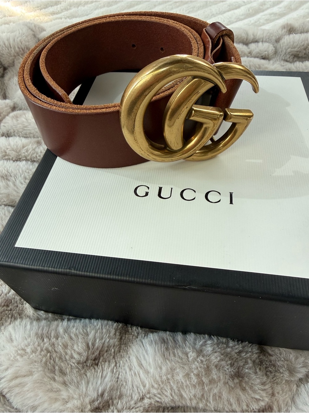 Authentic Gucci Marmont Double G Brown leather belt | Size 85/34 | Box & bag